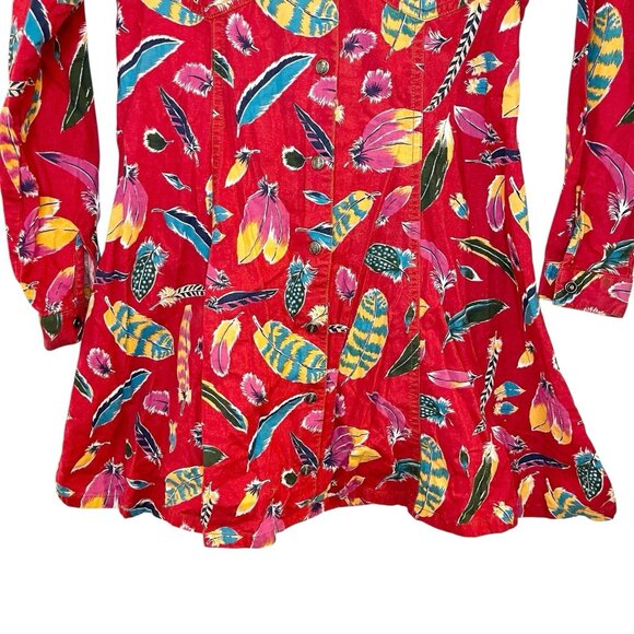 Vintage 90s ESPRIT Kids Feather Print Southwestern Shirt Dress Red Button Front‎ - Picture 4 of 7